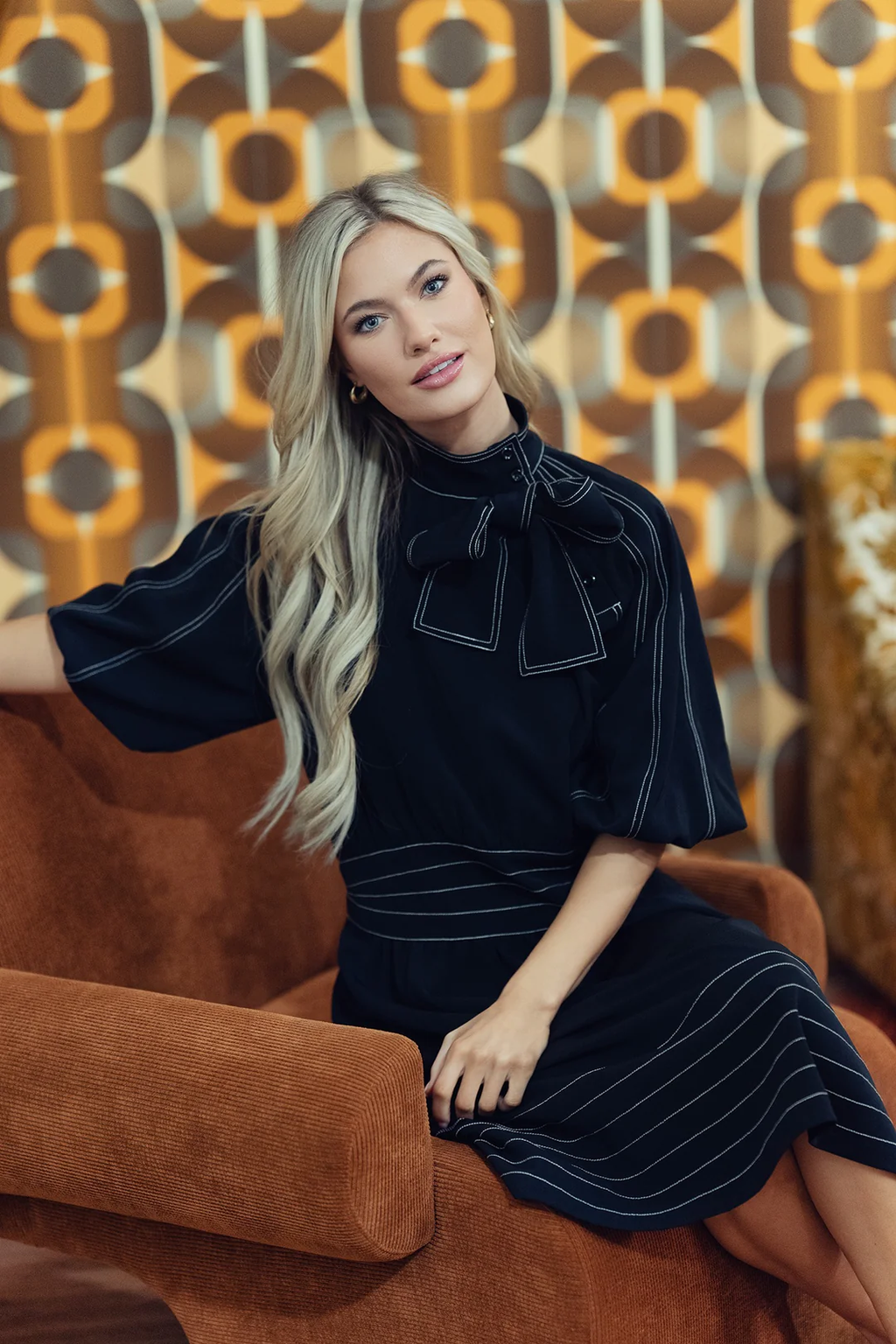 ALZ-D506 BLACK BOW TIE DRESS WITH WHITE STITCHING