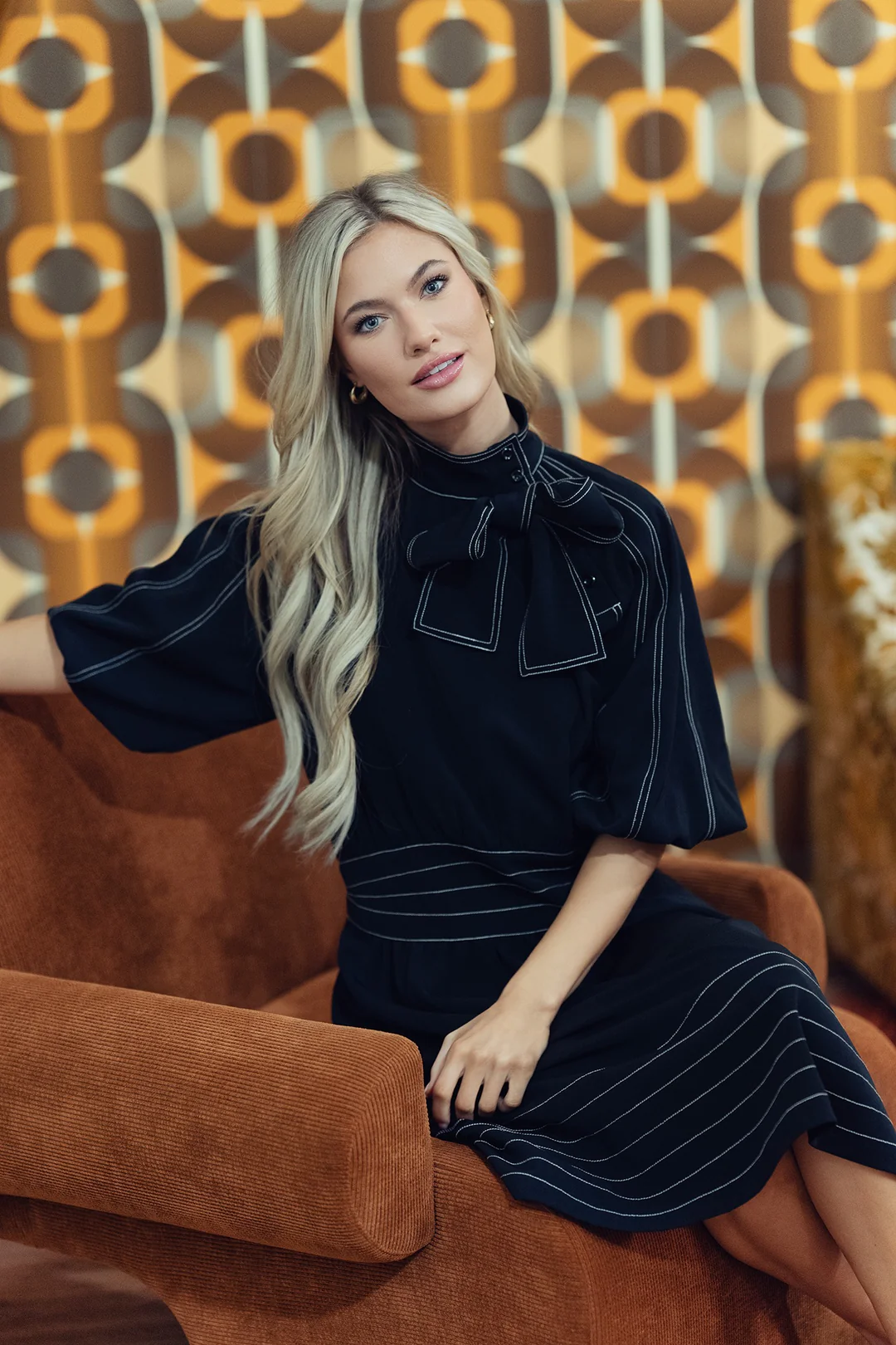 ALZ-D506 BLACK BOW TIE DRESS WITH WHITE STITCHING