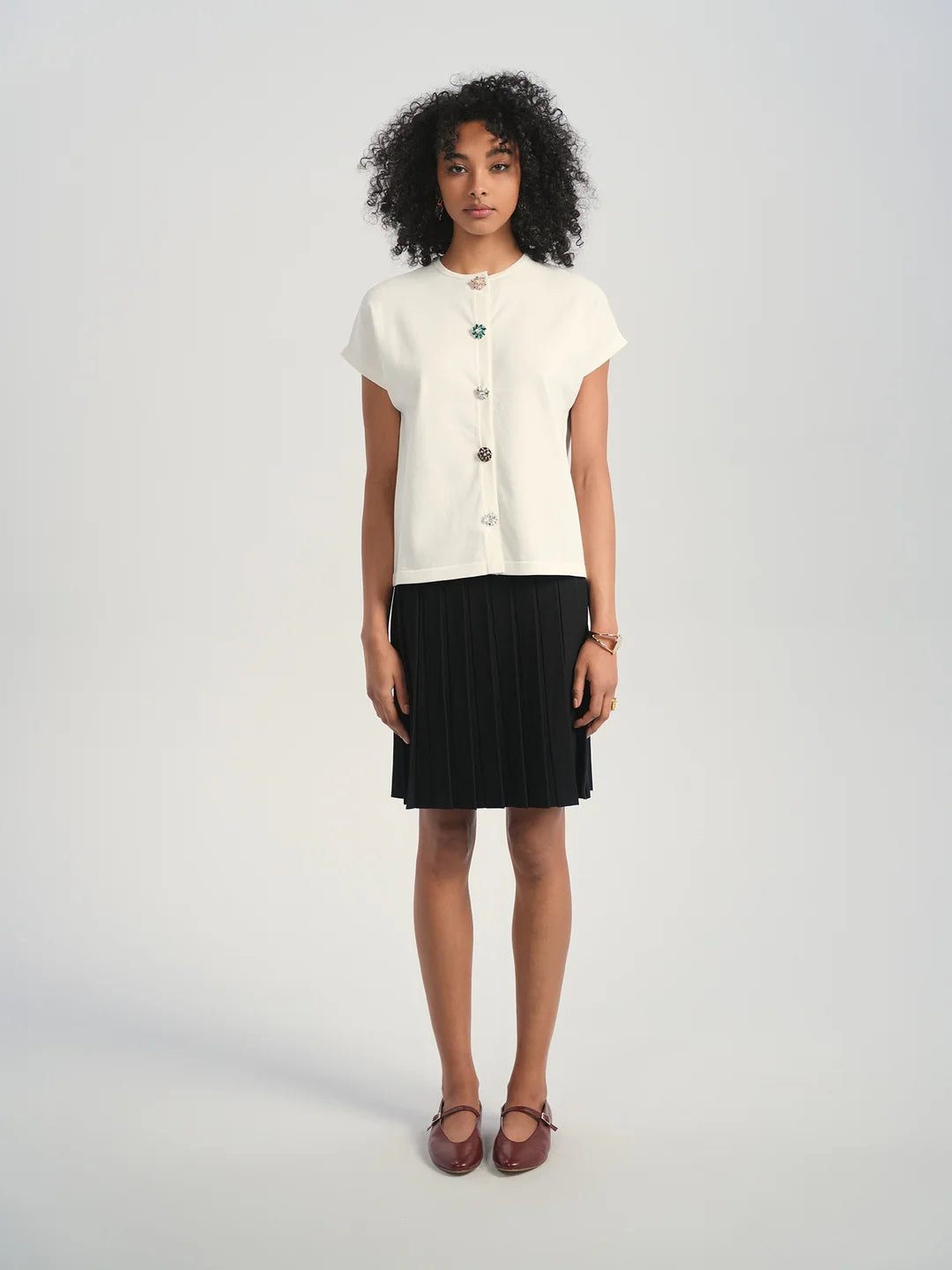 ALZ-T539 IVORY RHINESONE BUTTON CARDIGAN