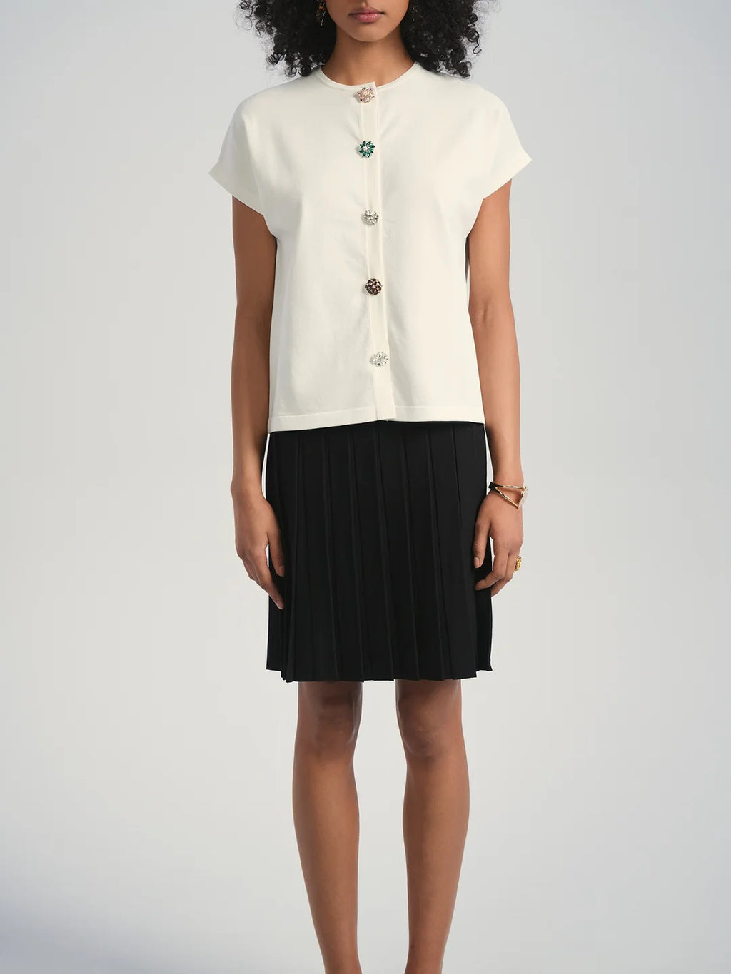 ALZ-T539 IVORY RHINESONE BUTTON CARDIGAN