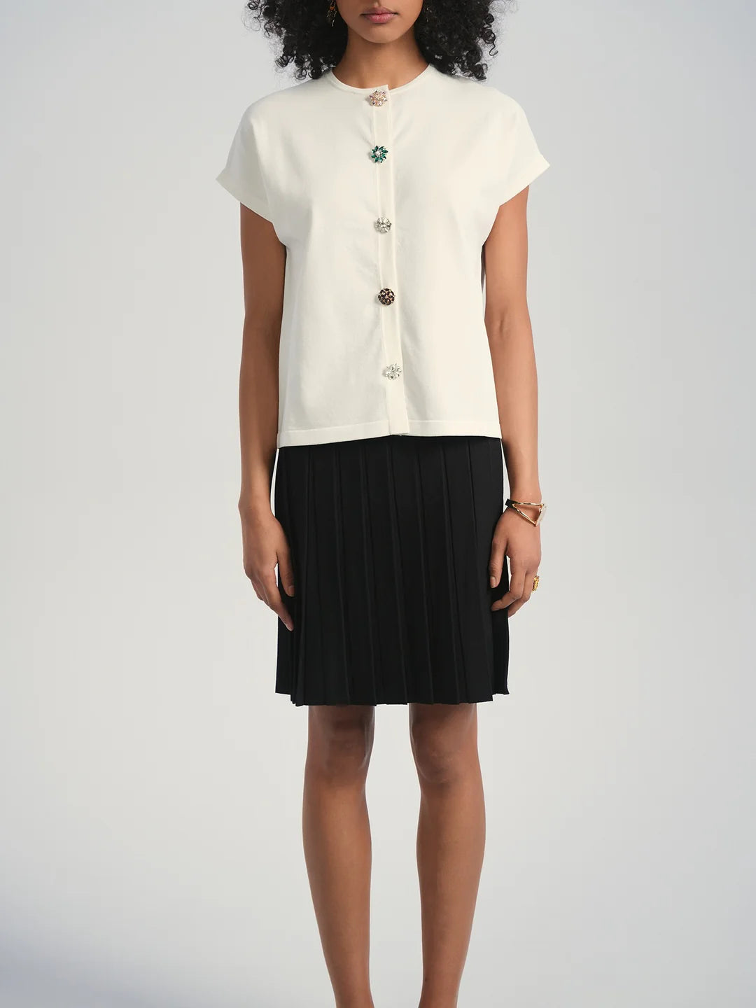ALZ-T539 IVORY RHINESONE BUTTON CARDIGAN