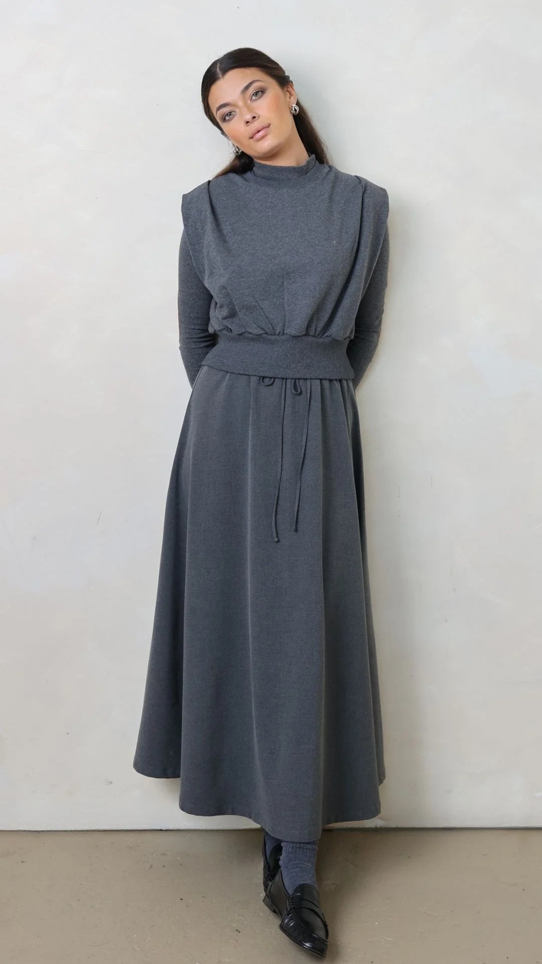 PAR-SK496 GREY FRENCH TERRY DRAWSTRING SKIRT