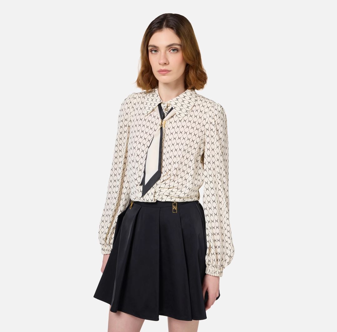 ELS-CA08746 BEIGE&BLACK TIE BLOUSE