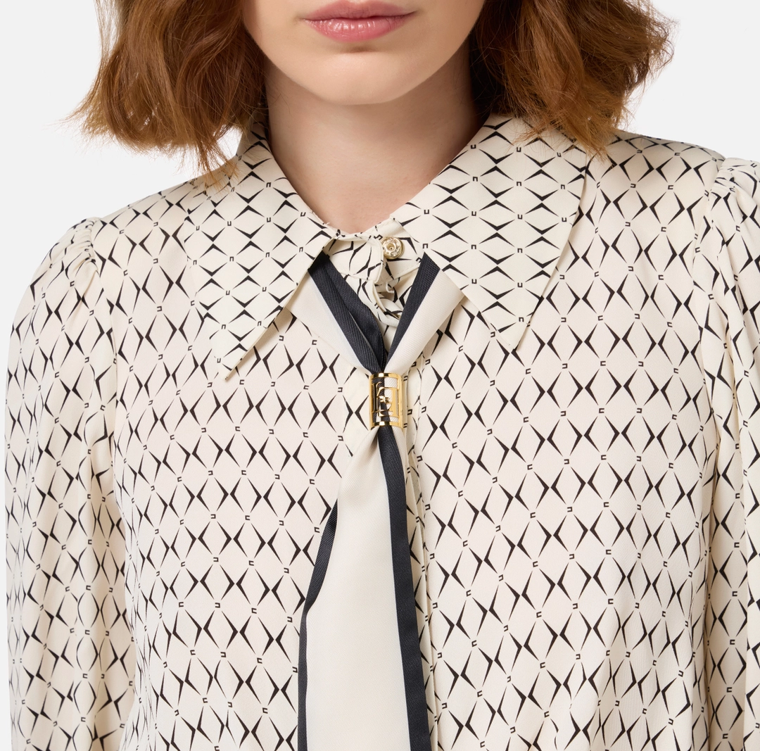 ELS-CA08746 BEIGE&BLACK TIE BLOUSE