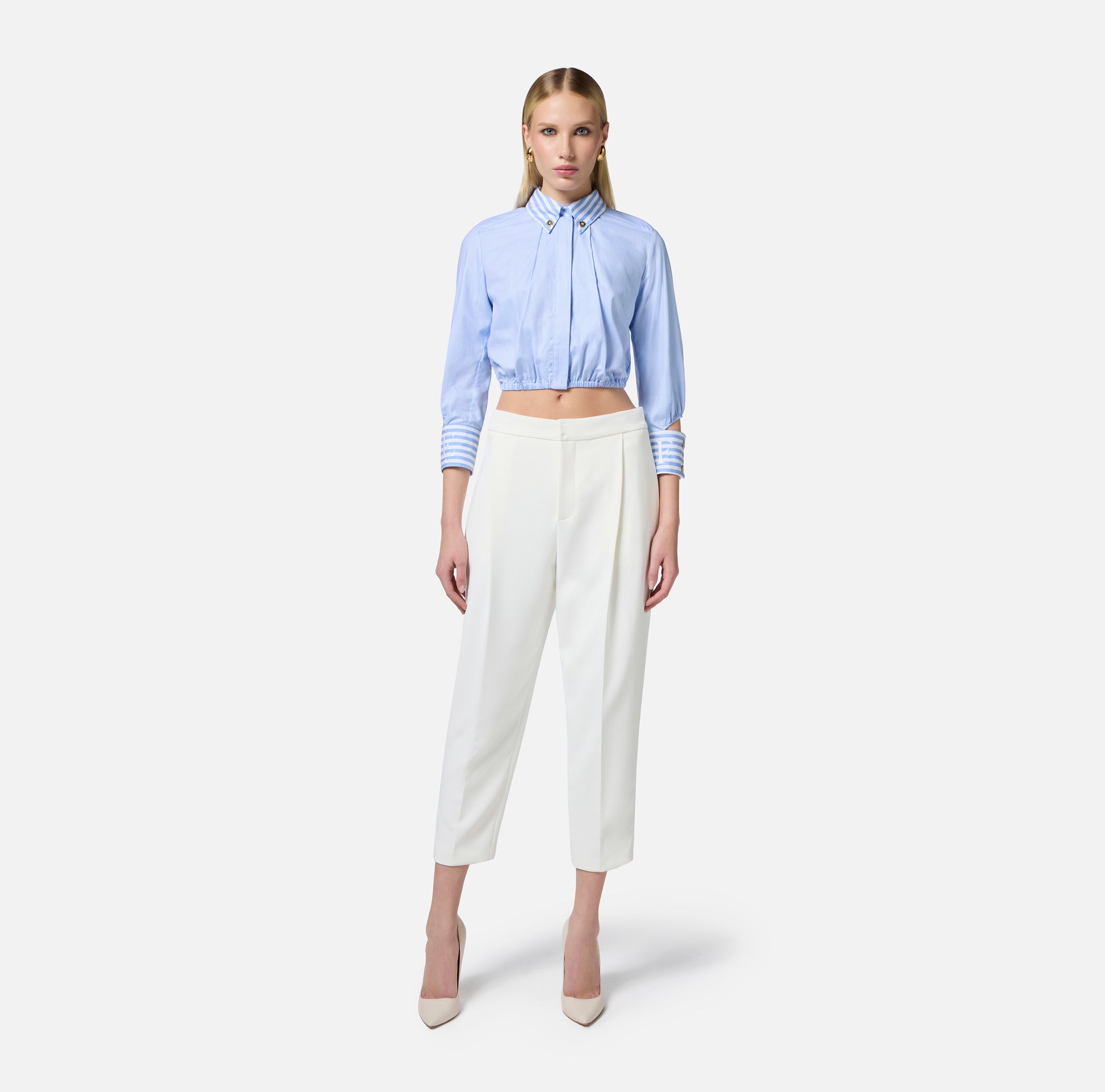 ELS-CA08751 BLUE POPLIN STRIPED CUFF BLOUSE