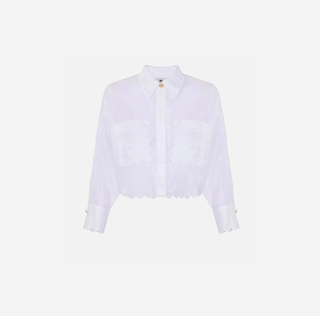 ELS-CA09752 WHITE SCALLOP POCKET BLOUSE