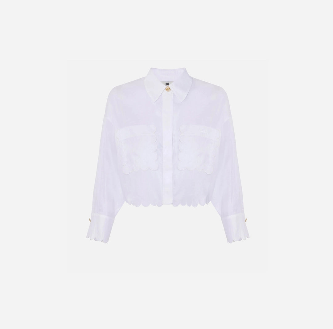 ELS-CA09752 WHITE SCALLOP POCKET BLOUSE