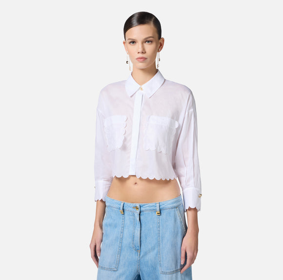 ELS-CA09752 WHITE SCALLOP POCKET BLOUSE