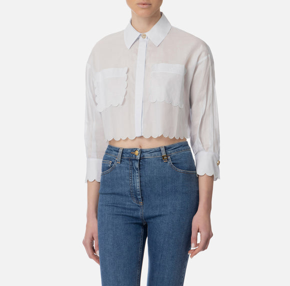 ELS-CA09752 BLUE SCALLOP POCKET BLOUSE