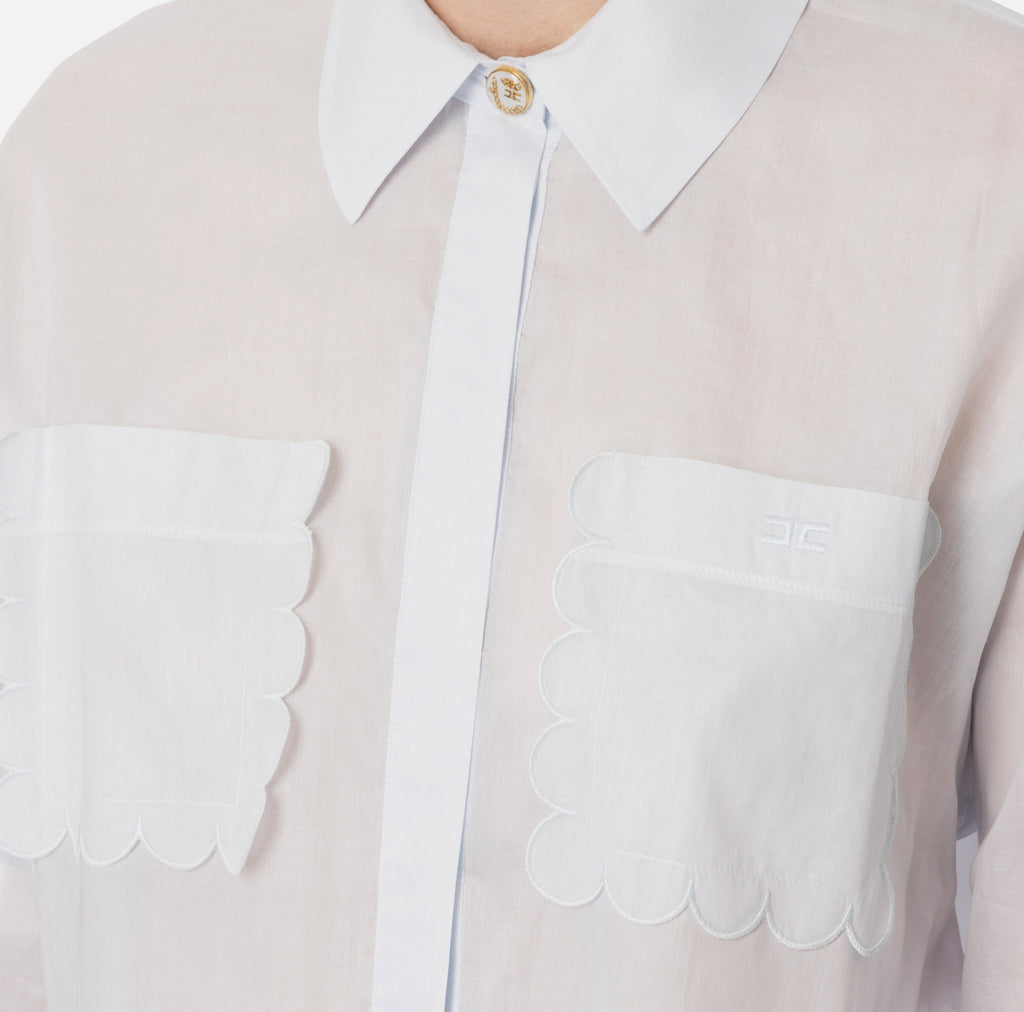 ELS-CA09752 BLUE SCALLOP POCKET BLOUSE