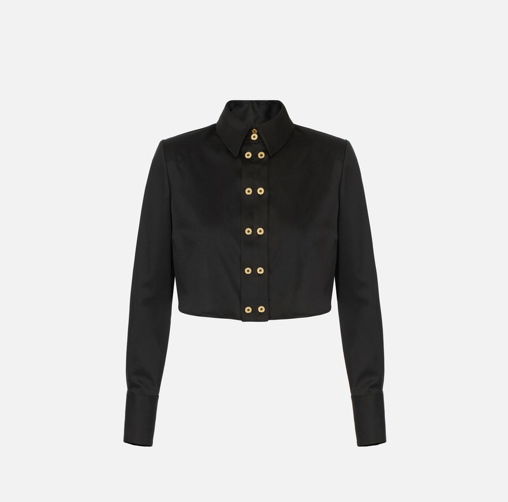 ELS-CA09756 BLACK CROP SATIN BLOUSE