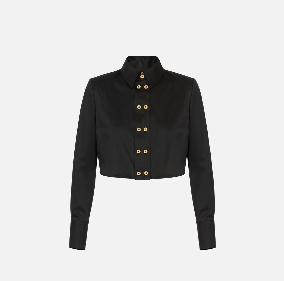 ELS-CA09756 BLACK CROP SATIN BLOUSE