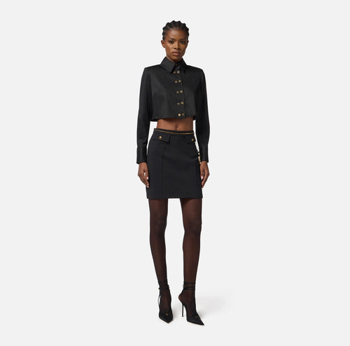 ELS-CA09756 BLACK CROP SATIN BLOUSE