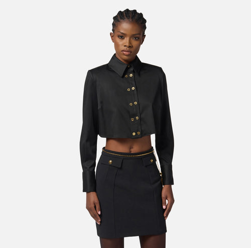 ELS-CA09756 BLACK CROP SATIN BLOUSE