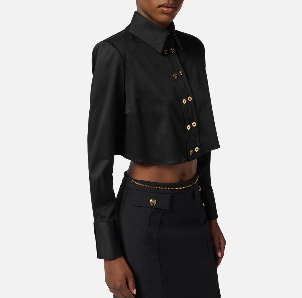 ELS-CA09756 BLACK CROP SATIN BLOUSE