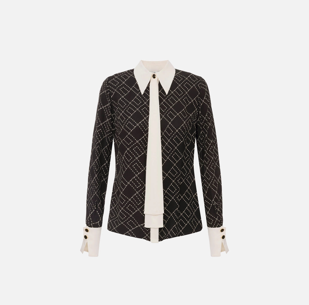 ELS-CA10456 BLACK&IVORY PRINT SCARF BLOUSE