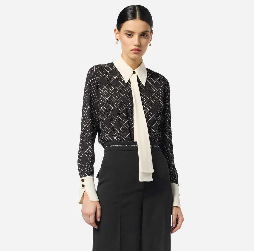 ELS-CA10456 BLACK&IVORY PRINT SCARF BLOUSE