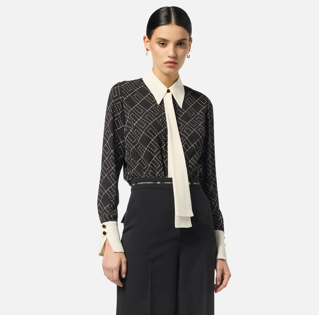 ELS-CA10456 BLACK&IVORY PRINT SCARF BLOUSE