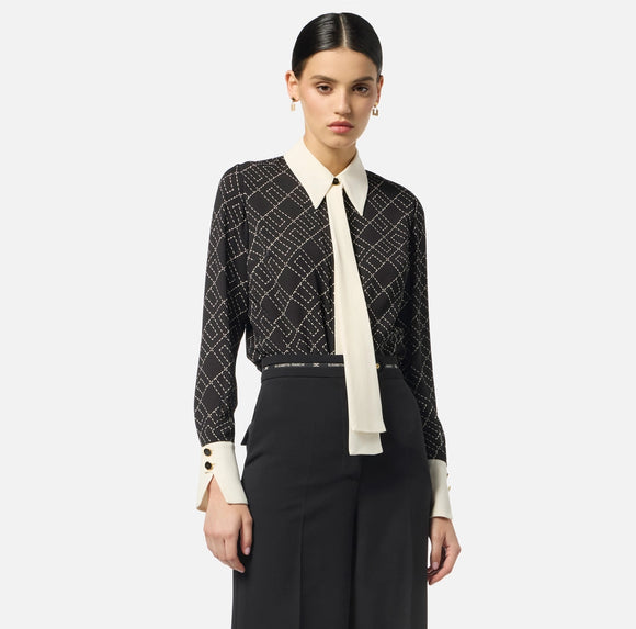 ELS-CA10456 BLACK&IVORY PRINT SCARF BLOUSE