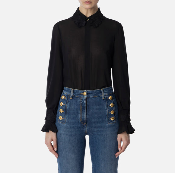 ELS-CA10552 BLUE SCALLOPED COLLAR BLOUSE