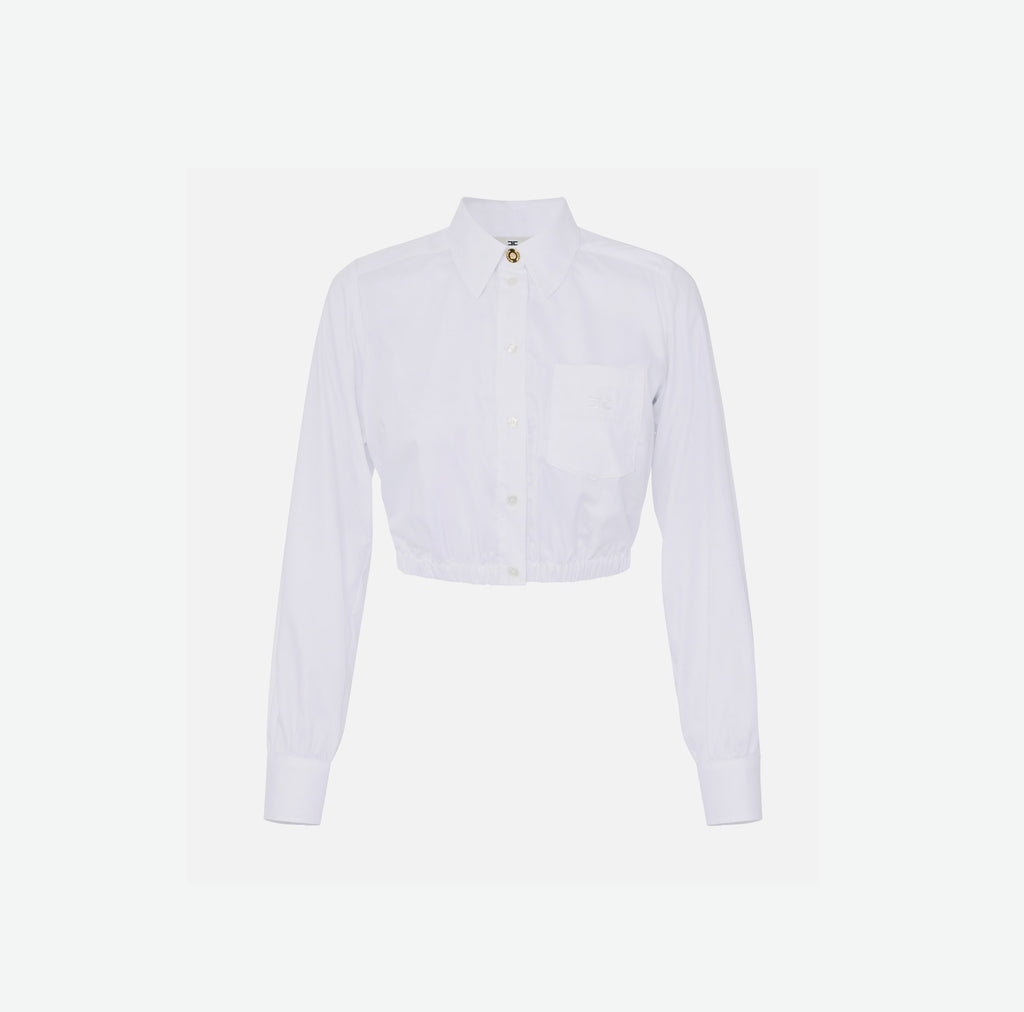 ELS-CA11752 WHITE CROP POCKET BLOUSE