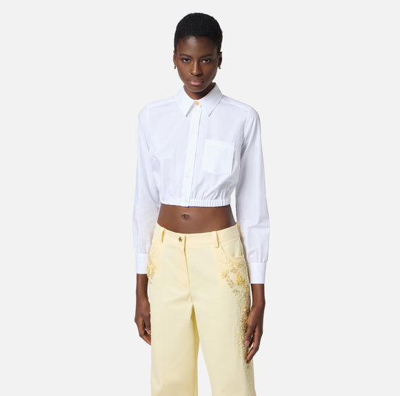 ELS-CA11752 WHITE CROP POCKET BLOUSE