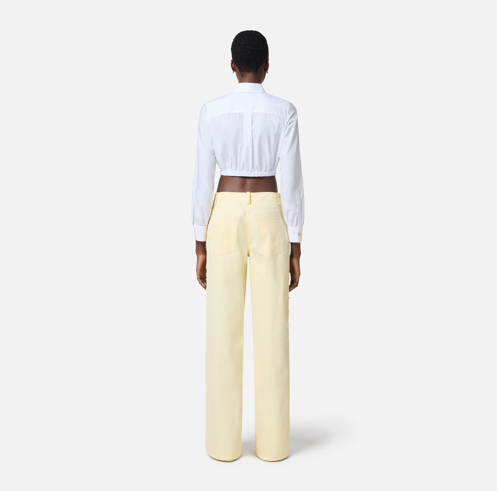 ELS-CA11752 WHITE CROP POCKET BLOUSE