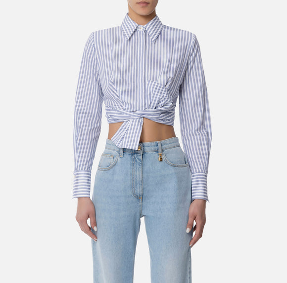 ELS-CA12252 BLUE STRIPE TIE BLOUSE