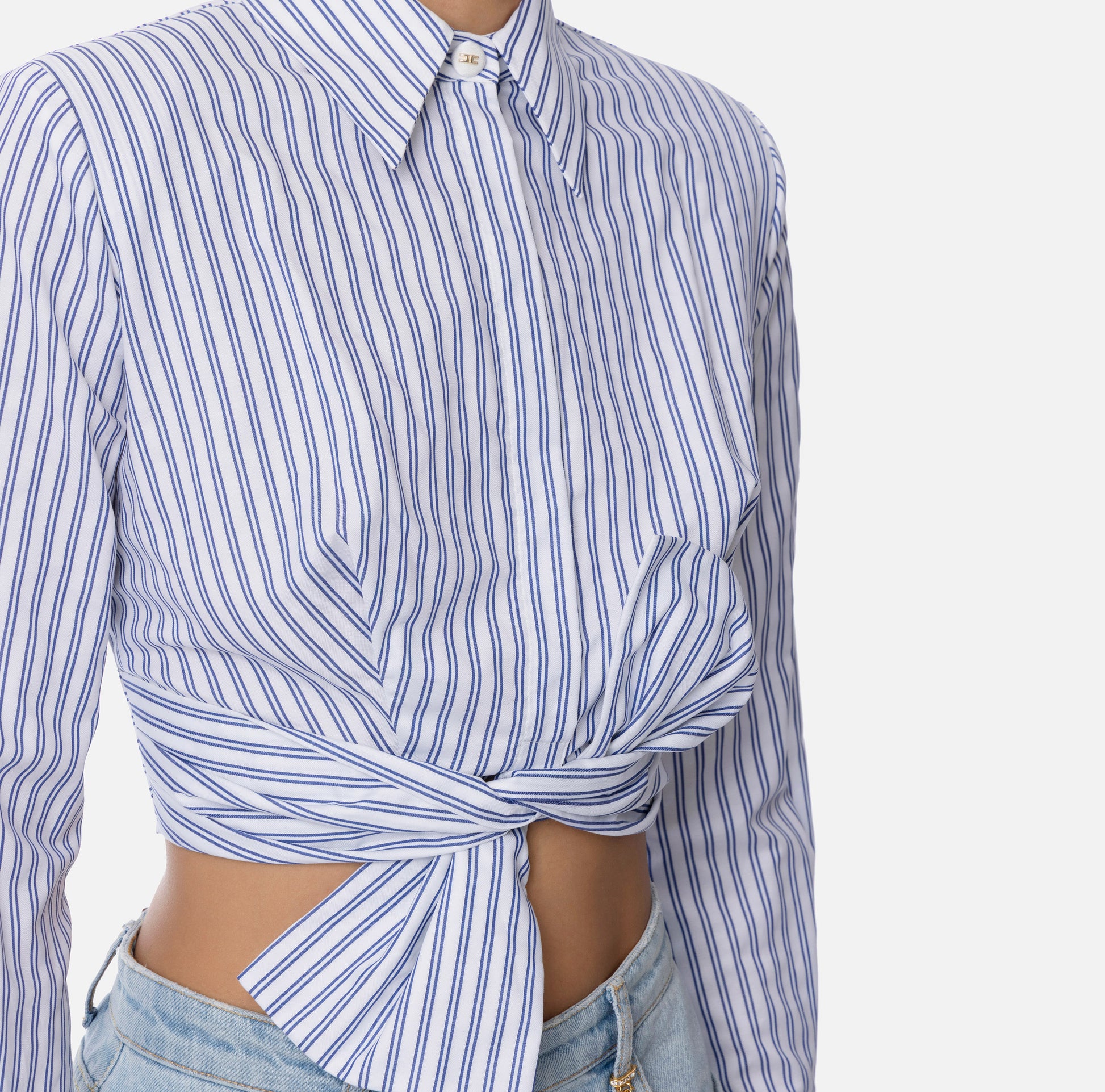 ELS-CA12252 BLUE STRIPE TIE BLOUSE