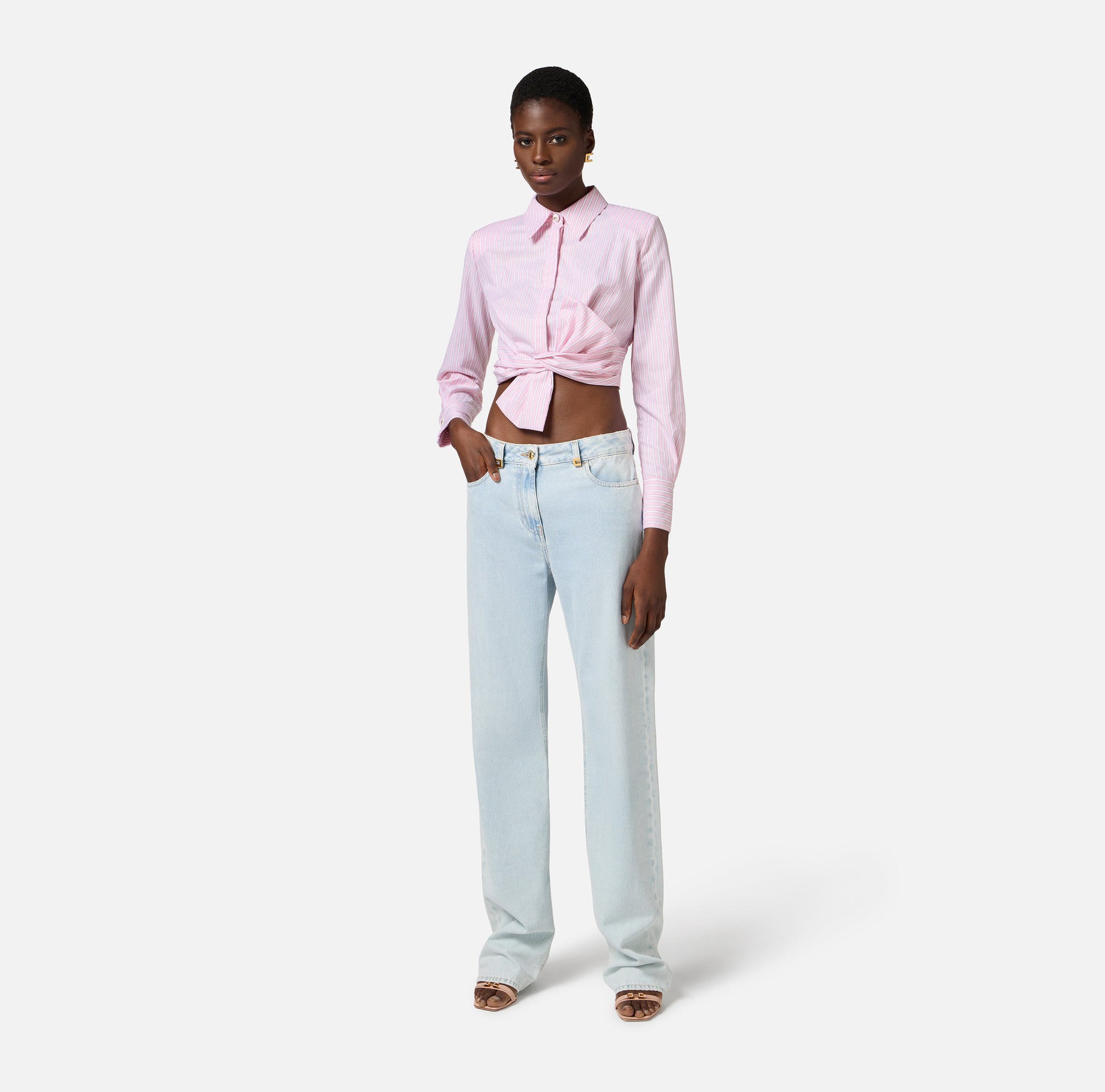 ELS-CA12252 PINK STRIPE TIE BLOUSE