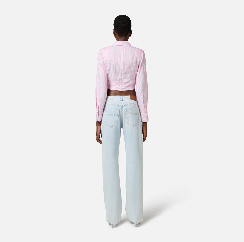 ELS-CA12252 PINK STRIPE TIE BLOUSE