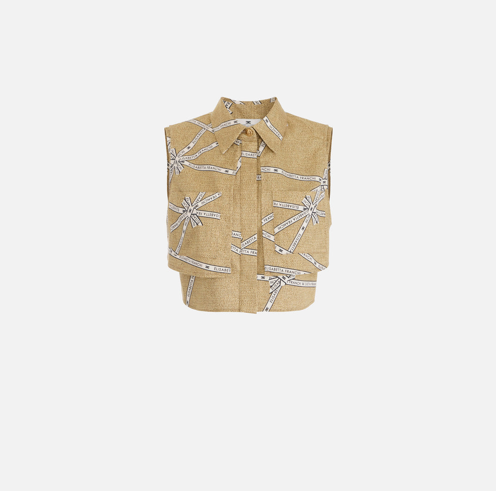 ELS-CA12552 BEIGE PRINT PANEL BLOUSE