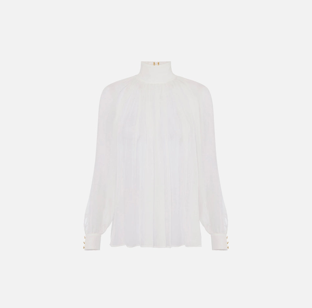 ELS-CA13457 IVORY HIGH NECK PLEATED BLOUSE