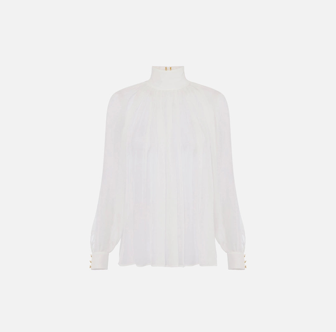 ELS-CA13457 IVORY HIGH NECK PLEATED BLOUSE