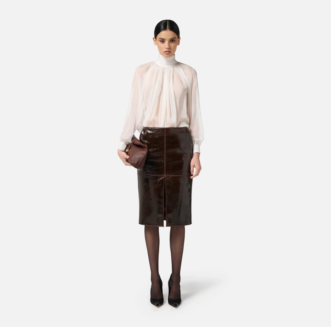ELS-CA13457 IVORY HIGH NECK PLEATED BLOUSE