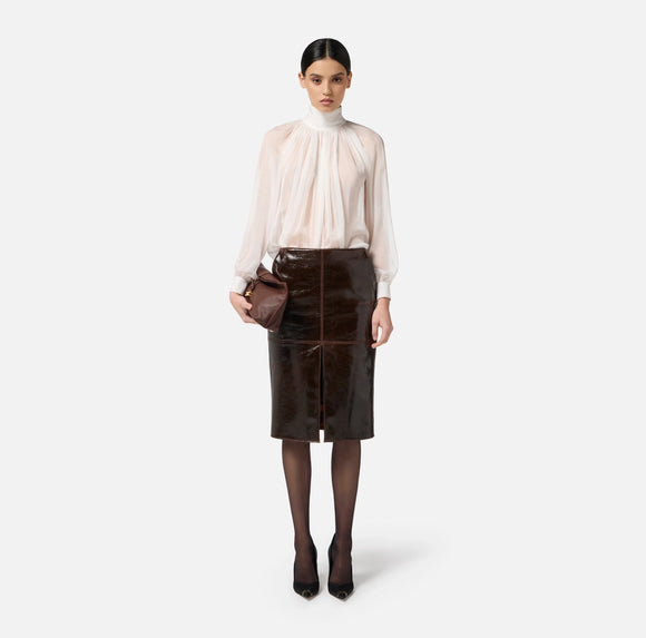 ELS-CA13457 IVORY HIGH NECK PLEATED BLOUSE