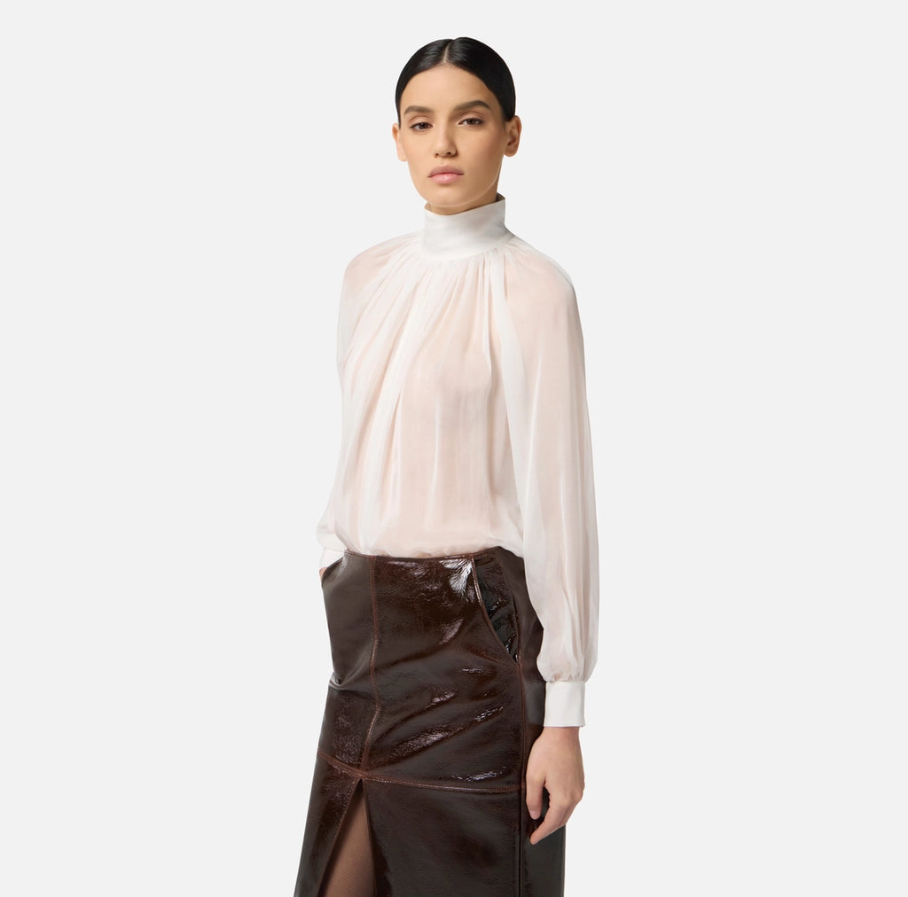 ELS-CA13457 IVORY HIGH NECK PLEATED BLOUSE