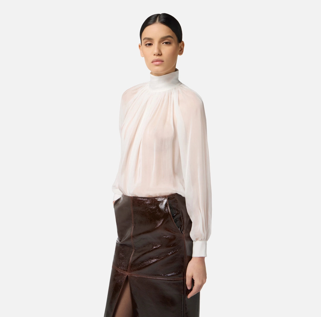 ELS-CA13457 IVORY HIGH NECK PLEATED BLOUSE