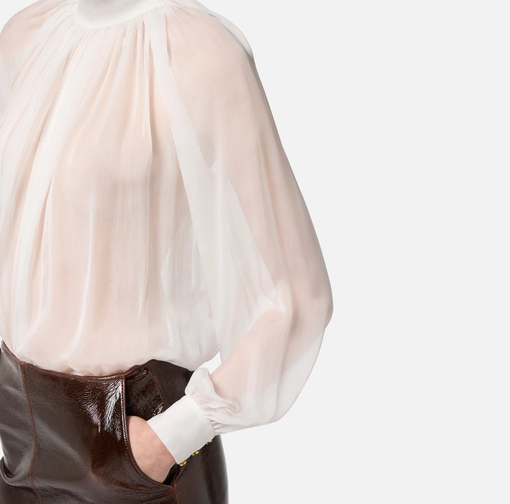ELS-CA13457 IVORY HIGH NECK PLEATED BLOUSE