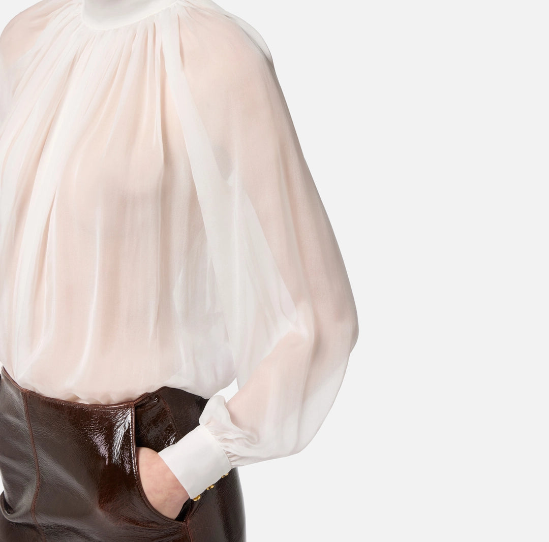 ELS-CA13457 IVORY HIGH NECK PLEATED BLOUSE