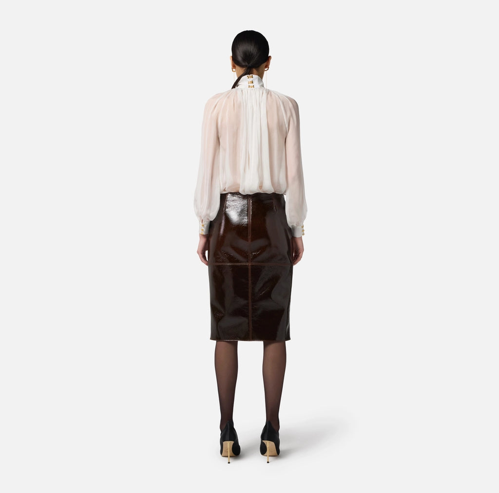 ELS-CA13457 IVORY HIGH NECK PLEATED BLOUSE