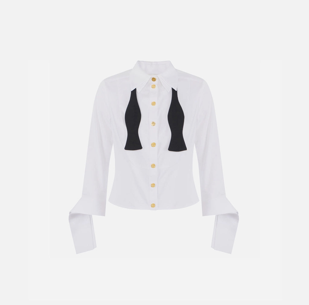 ELS-CA13557 WHITE COTTON BOW TIE BLOUSE
