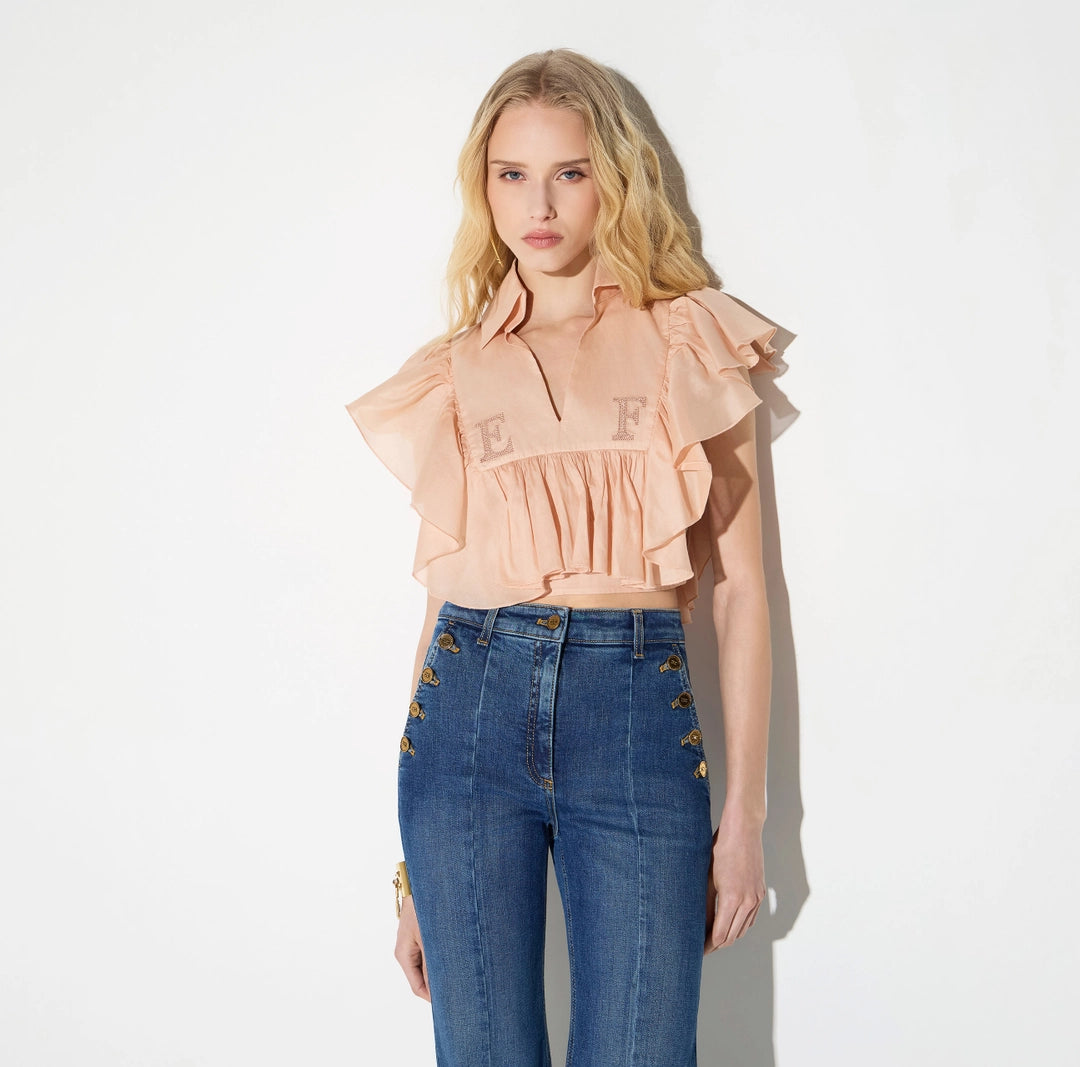 ELS-CA18666 NUDE FRILL LOGO BLOUSE