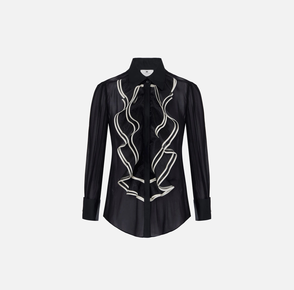 ELS-CA21067 BLACK GEORGETTE RUFFLE BLOUSE