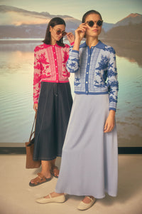 NOI-CH162&NR-372 BLUE PRINT TOP&SATIN SKIRT SET
