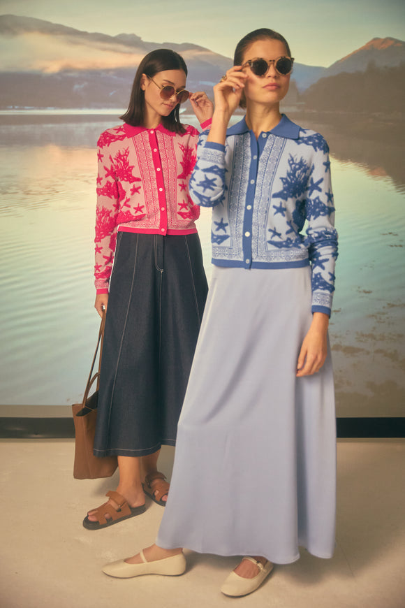 NOI-CH162&NR-372 BLUE PRINT TOP&SATIN SKIRT SET