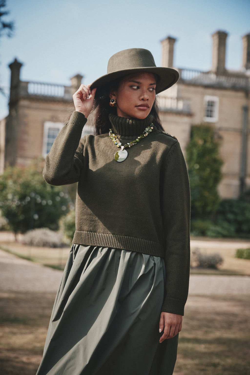 NOI-CH222 GREEN ROLL NECK TAFFETA DRESS