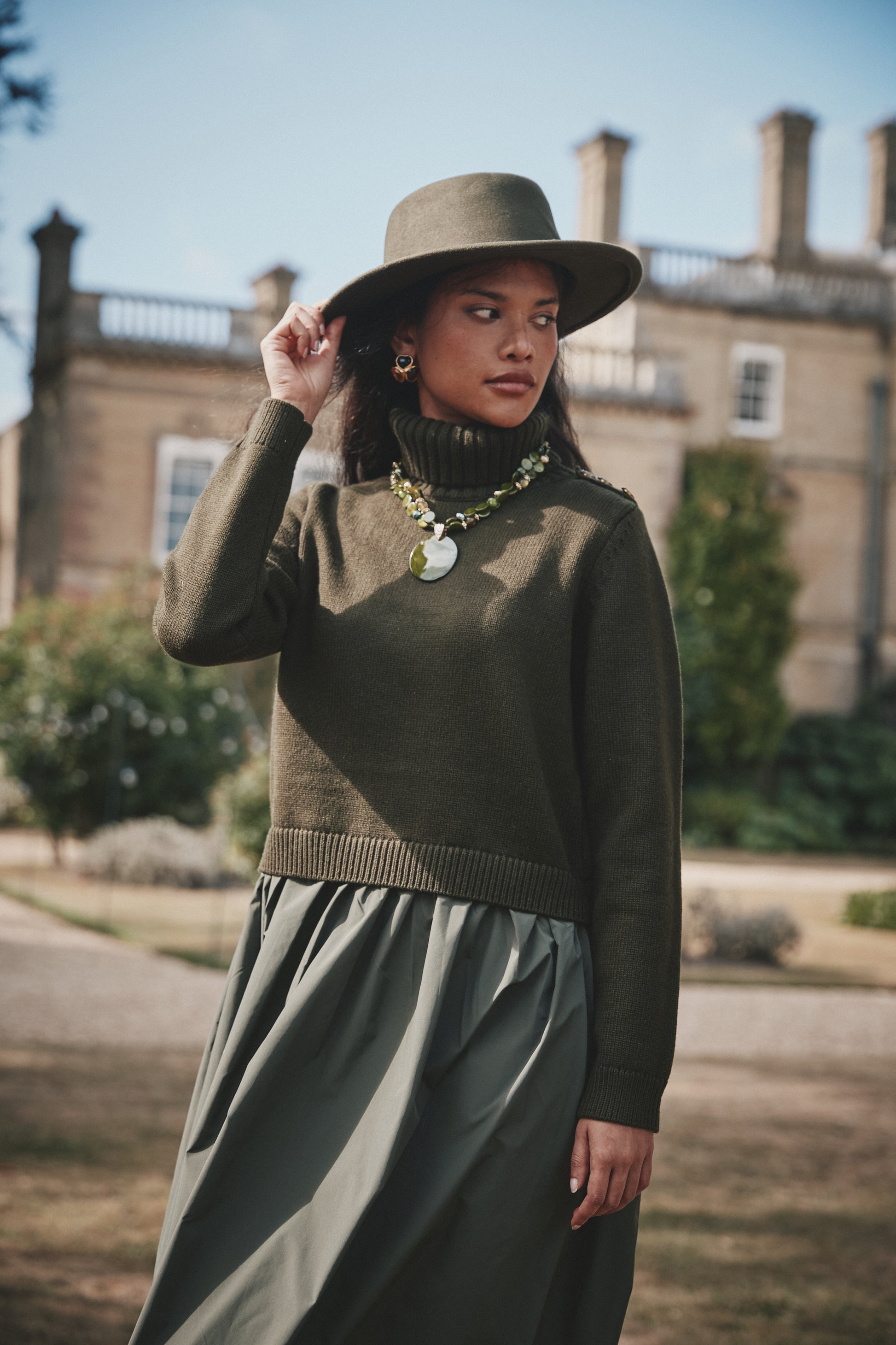 NOI-CH222 GREEN ROLL NECK TAFFETA DRESS