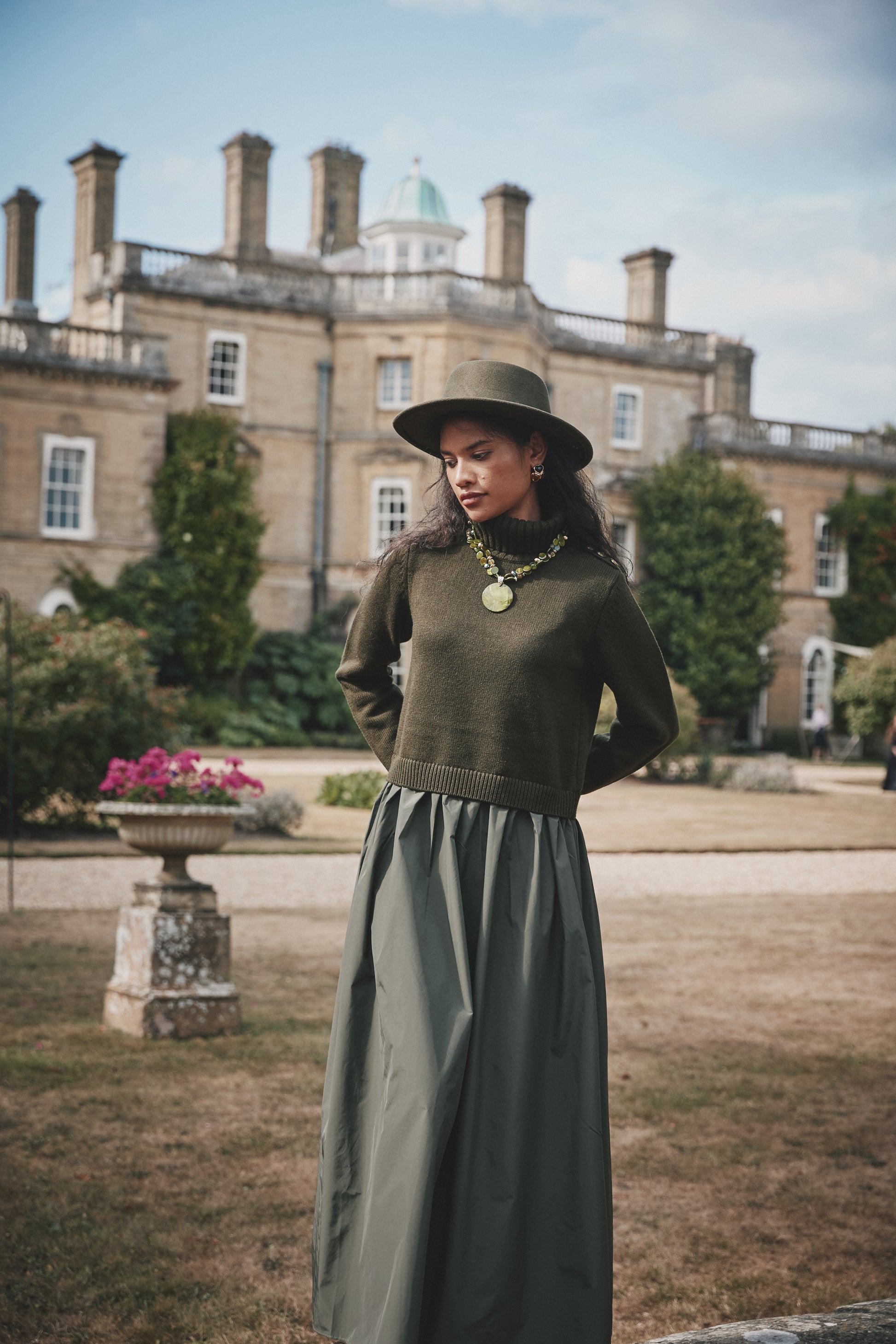 NOI-CH222 GREEN ROLL NECK TAFFETA DRESS