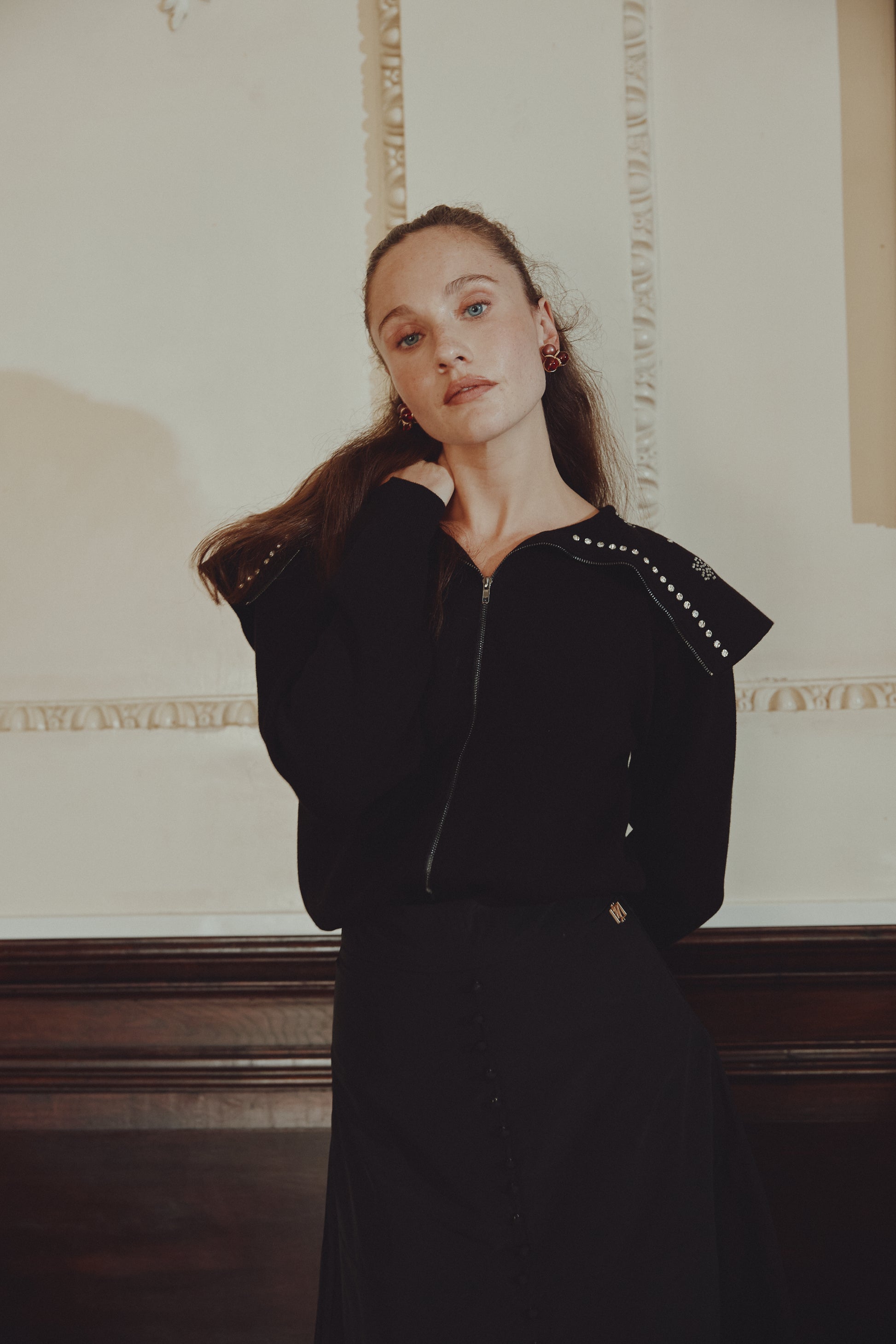 NOI-CH224 BLACK EMBELLISHED COLLAR ZIP TOP